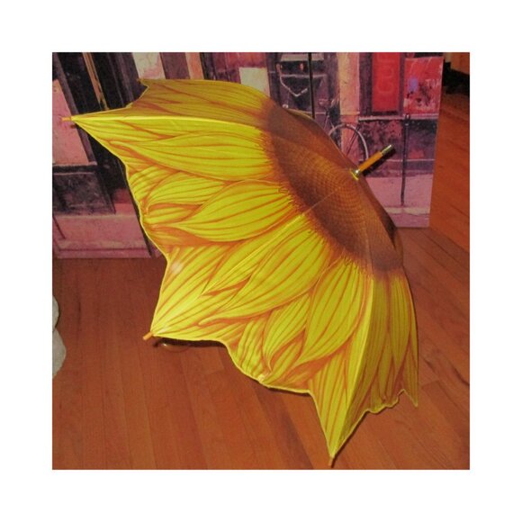 Vintage 90's Salamander Sunflower Print Umbrella w/Wooden Handle & Brass Tip - Picture 3 of 9